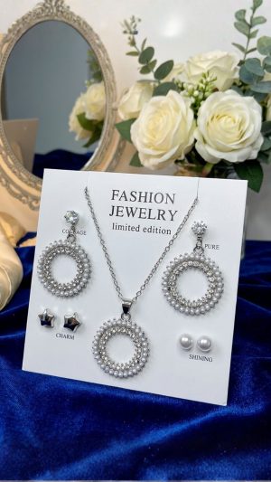 Elegant White Pearl Circle Sparkle Jewelry Set
